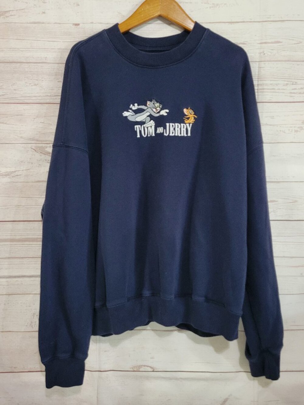 Hollister Tom & Jerry Crewneck Sweatshirt Mens XL Navy Blue Embroidered Boxy Fit
